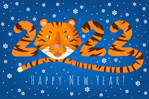 Happy New Year. 2022. Chinese symbol of the New Year 2022. Creative card design with tiger fur texture with cartoon tiger head. Vector illustration for congratulations. New year banner