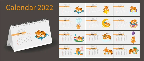 Projekt Kalendarza 2022 Uroczym Tygrysim Szczeniakiem Śpiącym Jak Niemowlę Koncepcja — Wektor stockowy
