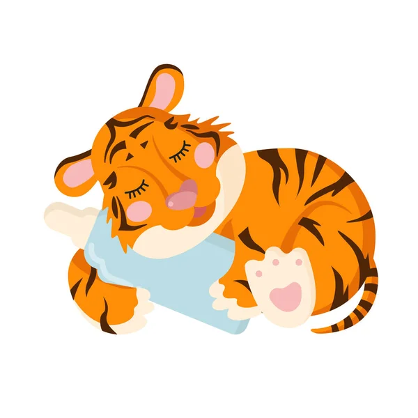 Ein Süßes Tigerbaby Schläft Mit Einer Flasche Milch Konzept Über — Stockvektor