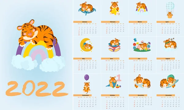 Projeto Calendário 2022 Com Filhote Tigre Bonito Dormindo Como Bebê —  Vetores de Stock