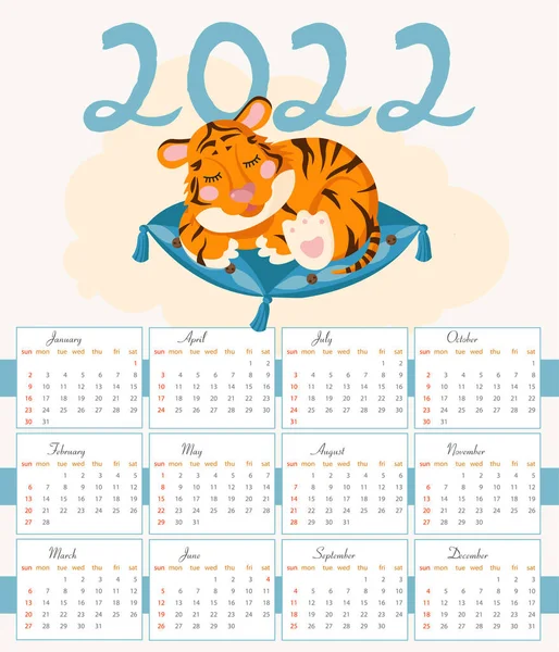 Calendar Design 2022 Featuring Tiger Cub Sleeping Pillow Concept New — Stock Vector