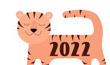 Beyaz arka planda yılın yazısıyla sevimli bir kaplan yavrusu. Yeni yılın sembolü. Çin 2022 yeni yılı. Mutlu Yıllar tebrik kartı için mükemmel bir çizgi film hayvanı..