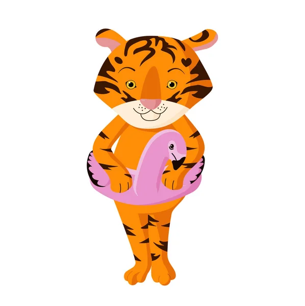 Mignon Petit Tigre Avec Cercle Gonflable Sous Forme Flamant Rose — Image vectorielle