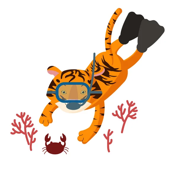 一只戴着水下面具的可爱的小虎宝宝在卡拉尔礁游泳 暑假概念的例证 新年的象征 2022年中国历法 2022虎年新年 — 图库矢量图片