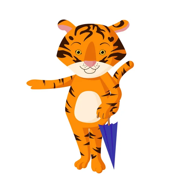 Mignon Petit Tigre Avec Parapluie Bleu Dans Les Mains Symbole — Image vectorielle