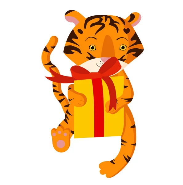Petit Tigre Mignon Tient Une Boîte Cadeau Avec Arc Illustration — Image vectorielle