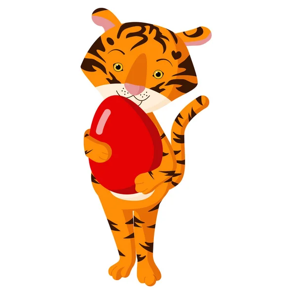 Mignon Petit Tigre Tient Œuf Rouge Pâques Illustration Concept Vacances — Image vectorielle