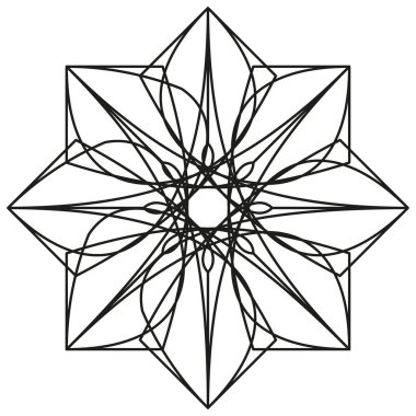 Soyut geometrik çiçek. Karmaşık çizgi deseni. Simetrik yıldız vektörü. Siyah beyaz grafik. EPS 10.