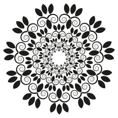 Çiçeksel süs mandala. Siyah beyaz yuvarlak element. Zarif doğa vektör deseni. Dekoratif daire motifi. EPS 10.