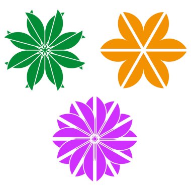 Parlak çiçek ikonları. Soyut çiçek şekilleri. Yeşil turuncu lacivert palet. Vektör doğa sembolleri. EPS 10.