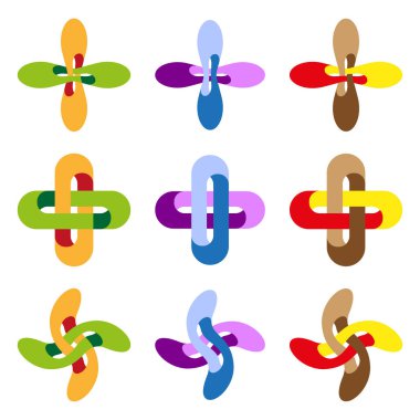 Birleştirilmiş çapraz elementler. Soyut renk düğümü. Dokuz 9 Vektör Tasarımı. Şirket bağlantısı sembolü. EPS 10.