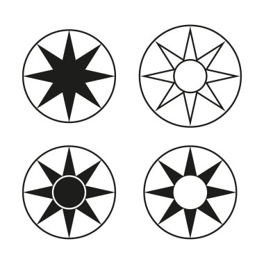 Dört yıldız simgesini ayarla. Pusula sekiz puan. Göksel sembol Vektör şekli. Güneş patlaması ışığı. EPS 10.
