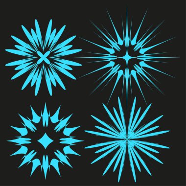 Dört soyut patlama. Cyan yıldız vektör şekilleri. Patlama ışığı elementi. Siyah arka plan. EPS 10.