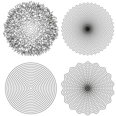 Soyut çember kalıpları. Geometrik yuvarlak şekiller. İnce çizgi vektör ayarlandı. Görsel doku grubu. EPS 10.