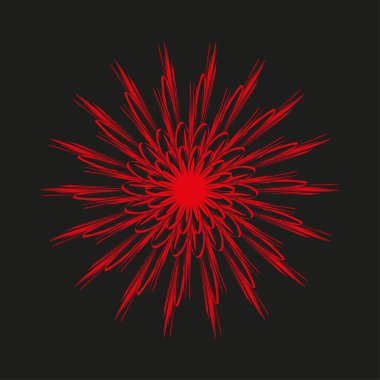 Abstract starburst graphic. Red neon explosion. Dark black Vector background. Symmetrical vibrant shape. EPS 10.