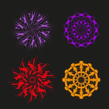 Dört soyut figür. Dinamik yıldız şekilleri. Geometrik çiçek formları. Vektör koyu arkaplan. EPS 10.