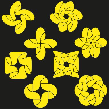 Dört yıldızlı semboller. Soyut çiçek şekilleri. Sarı parlak vektör ayarlandı. Dinamik modern grafik. EPS 10.