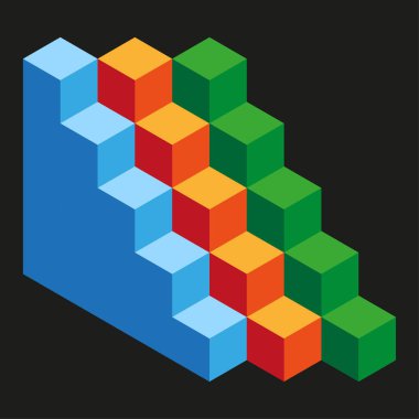 Parlak küp yığını. İzometrik blok vektörü. Canlı prizma elementi. Yoğun minimalist siyah arkaplan. EPS 10.