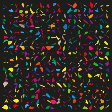 Renkli damlalar. Canlı vektör noktaları. Dağınık kaotik sıçramalar. Profesyonel koyu arka plan yüzeyi. EPS 10.