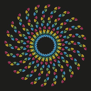 Canlı dairesel girdap. Renkli Vektör süsü. Parlak mandala detayı. Zifiri karanlık arka plan. EPS 10.