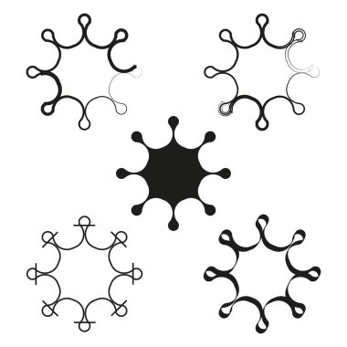 Beş tane süs. Çatlak Güneş Vektörü. Soyut dairesel şekiller. Siyah hat ayarlandı. EPS 10.