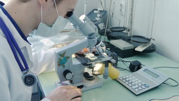 Closeup of young male doctor viewing through microscope — Stock Video