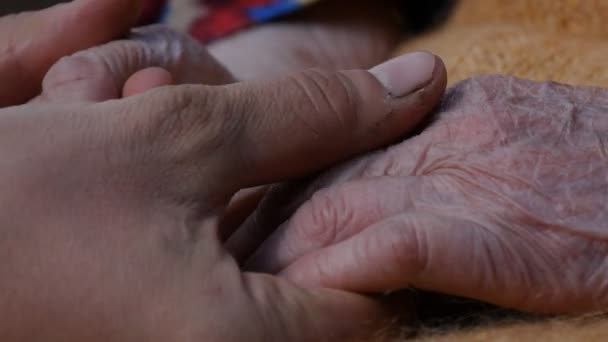 Een jonge mans handen troostend een bejaarde paar handen van grootmoeder buiten close-up. Zon komt achter de wolken en hoogtepunten hun — Stockvideo