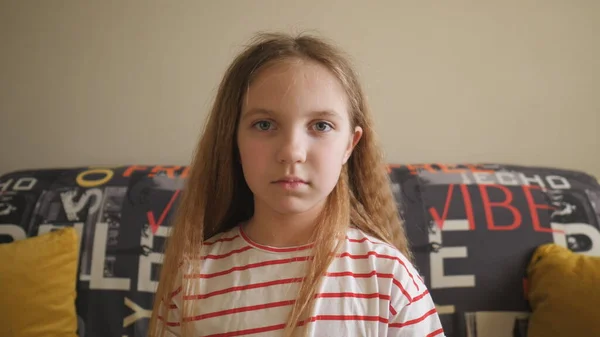 Small Disappointed Kid Sitting Couch Looking Camera Portrait Unhappy Little — Stock Photo, Image