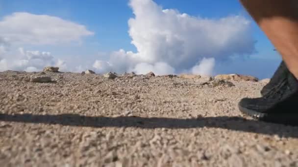 Un paio di escursionisti con gli zaini che salgono sul bordo della montagna e alzano le mani godendo della libertà. Uomo e donna si riposano attivamente durante il viaggio esplorando insieme nuovi luoghi. Bellissimo sfondo — Video Stock