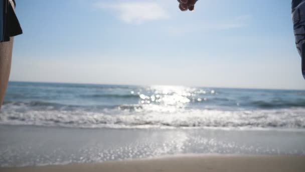 Mężczyzna i kobieta trzymają się za ręce na pięknym tle krajobrazu morskiego. Kilku miłośników stojących na plaży z połączonymi ramionami i podziwiających malowniczy widok. Spędzać razem czas na wakacjach — Wideo stockowe