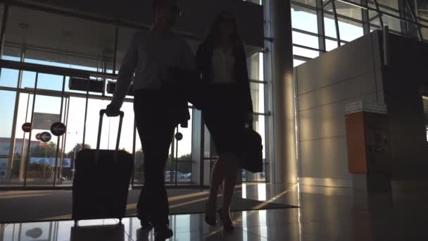 Homme d'affaires avec sa collègue de sexe féminin marchant à travers entrer à l'aérogare et rouler valise sur roues. Homme et femme d'affaires marchant ensemble vers l'aéroport ou l'immeuble de bureaux. Ralenti Fermer — Video