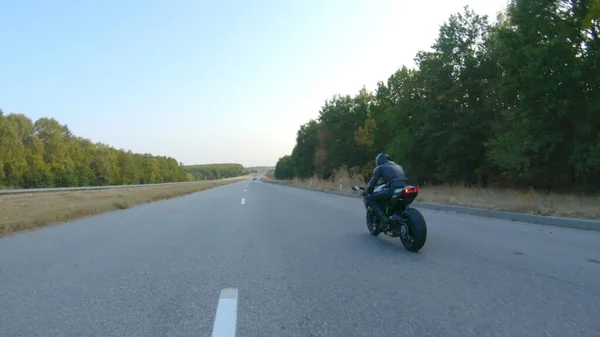 Follow Motorcyclist Riding Modern Sport Motorbike Highway Biker Racing His — Stock Photo, Image