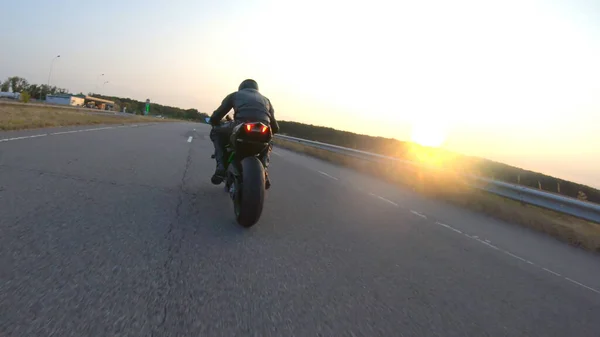 Follow Biker Riding Modern Sport Motorbike Country Road Sunset Motorcyclist — Stock Photo, Image