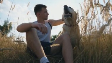 Genç adam çimde oturur ve labradorunu okşar. Adam doğada evcil hayvanıyla vakit geçiriyor. Kafkasyalı köpek sahibi dinleniyor. Arka planda güneş parlıyor. Yavaş çekim. Yakın çekim.