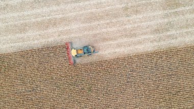Mısırları toplarken havadan çekilmiş görüntüler. Arpa saplarını keserek hasat aracının üzerinden yavaşça geçmek. Çiftlik arazisinde çalışan traktör. Hasat konsepti. Üst görünüm.