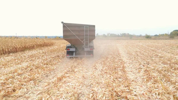 Vue Aérienne Tracteur Transportant Cargaison Maïs Champ Pendant Récolte Drone — Photo