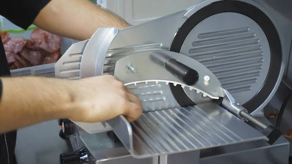 Arm Cook Using Cutting Machine Salami Cuisine Restaurant Male Hand — Stock Photo, Image