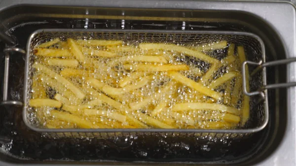 Tasty French Fries Cooking Deep Fryer Kitchen Crispy Potatoes Frying — Stock Photo, Image