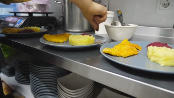 Braço masculino adicionando mistura de pimentas e sal no prato para purê de batatas. Chef está servindo purê com filé de frango assado crocante no restaurante. Conceito de preparar comida. Fechar câmera lenta — Vídeo de Stock