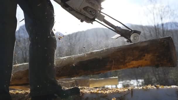 Nierozpoznawalny człowiek rozdrabniający kłodę piłą elektryczną w słonecznym zimowym lesie. Stolarz przetwarza kawałek drewna dla projektu budowlanego. Roboty budowlane o konstrukcji drewnianej. Powolny ruch Zamknij — Wideo stockowe