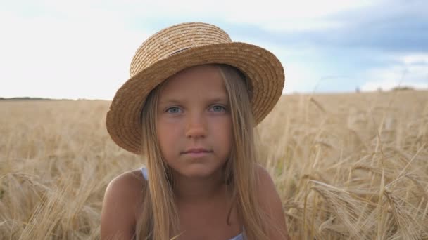 Porträt eines kleinen Mädchens mit Strohhut, das vor dem Hintergrund eines Weizenfeldes auf einem Biohof in die Kamera blickt. Schönes kleines Kind mit blonden Haaren auf der Gerstenwiese sitzend. Nahaufnahme — Stockvideo