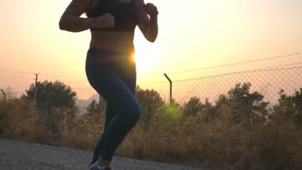 Nohy mladé zdravé dívky jogging na venkovské silnici s východem slunce na pozadí. Štíhlé ženské nohy běžící venku. Sporty žena posiluje brzy ráno. Koncept aktivního životního stylu. Zavřít — Stock video