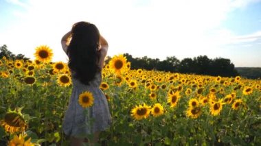 Büyük ayçiçeği tarlalarının arasında dikilen ve el kaldıran ilham verici kız. Özgürlüğün tadını çıkaran kadın ya da güzel doğa. Arka planda parlak güneş ışığı olan manzaralı bir yer. Açık hava eğlence konsepti. Arka plan