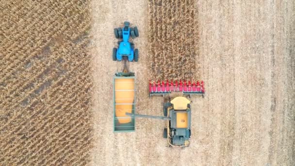 Vista aérea de combinar la carga de granos de maíz en el remolque tractor. Volar sobre máquinas agrícolas que trabajan en tierras de cultivo. Concepto de cosecha. De cerca. — Vídeos de Stock