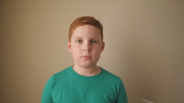 Ένα μικρό κοκκινομάλλικο αγόρι που κοιτάει στην κάμερα με έκφραση "ουάου". Πορτρέτο του παιδιού τζίντζερ με φακίδες που δείχνει έκπληξη και έκπληξη. Κοντινό σοκαρισμένο αντρικό πρόσωπο μικρού παιδιού μέσα. Αργή κίνηση — Αρχείο Βίντεο
