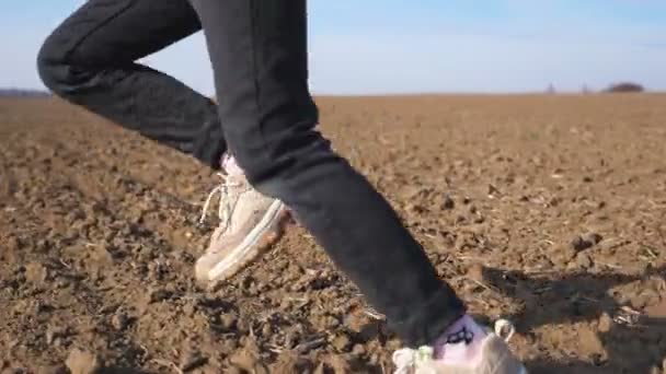 Les pieds femelles d'un petit enfant courent sur le sol sec le long d'une prairie labourée au début du printemps. Jambes de petite fille en baskets jogging sur le sol sale sur la plantation labourée vide par jour ensoleillé. Vue basse — Video
