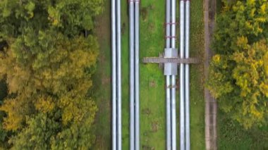 Birbirine bağlı petrol ve gaz boru hatlarının canlı yapraklarla çevrili havadan görünüşü, altyapının karmaşıklığını gözler önüne sererken, giderek genişleyen sahneyi gözler önüne seriyor.