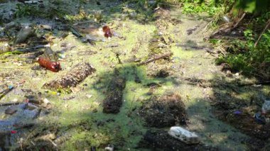 Kauçuk giysiler içinde tanınmayan erkek çevreciler kirli gölde enkaz topluyorlar. Koruyucu eldivenlerle pis nehri temizleyen gönüllüler. Çevre kirliliği koruması kavramı. Yavaş çekim.