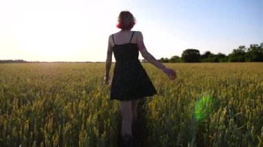 Gün batımında yeşil arpa tarlasında koşan dövmeli mutlu punk kadın. Kaygısız hippi kız buğday tarlasında koşarken eğleniyor. Arka planda güzel manzaralı yaz manzarası.