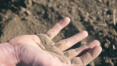 Güneşli bir günde kuraklık sırasında erkek eli tarladaki kuru toprağı inceliyor. Rüzgâr, çiftçinin kolundan toprak kalıntıları savuruyor. Tarım konsepti. POV Yavaş Çekimi Kapat.